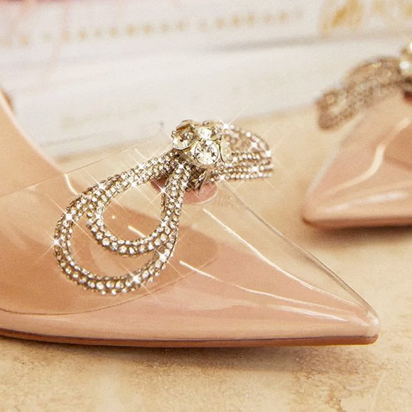 NEW Blush Nude Clear Transparent Rhinestone Bow Ankle Strap Pointy Toe Pump Heel - Picture 3 of 12